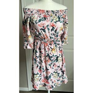 Lulus Pink Tropical Floral Off The‎ Shoulder Pink Ruffle Dress XS